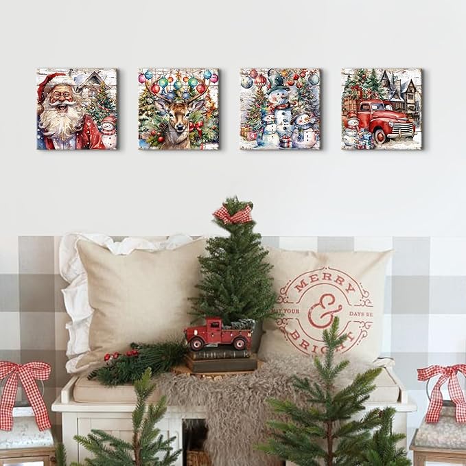 Christmas Pictures Wall Decor Santa Claus Snowman Wall Art Xmas Decorations Vintage Watercolor Deer Elk Posters Canvas Prints Colorful Winter Artwork for Living Room Bedroom Holiday Gifts 12x12" 4P