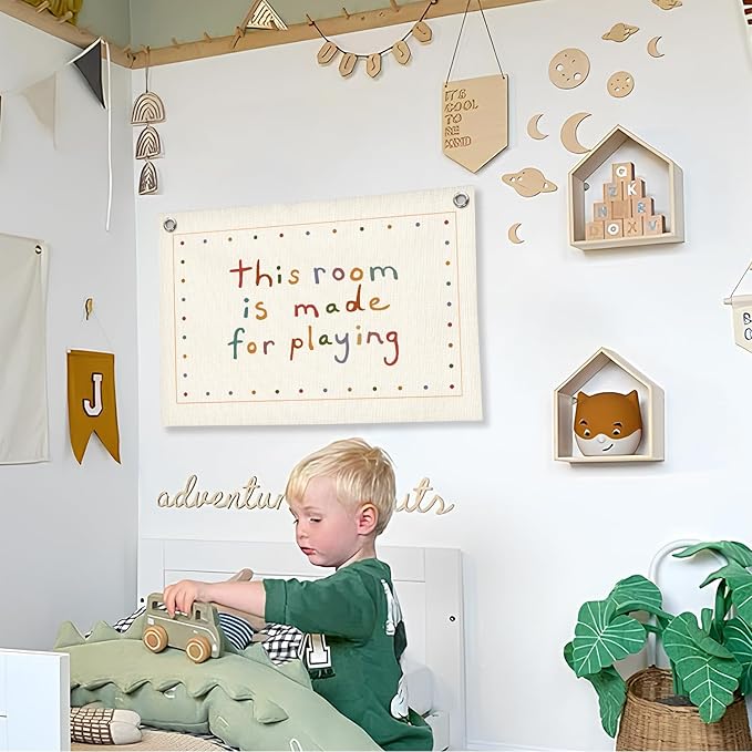 Playroom Decor Wall Banner "This Room Was Made For Playin'" 20x30 Inch - Nursery Canvas Art, Kids Bedroom Hanging, Linen Toddler Play Area Sign, Children's Canvas Flag Decor