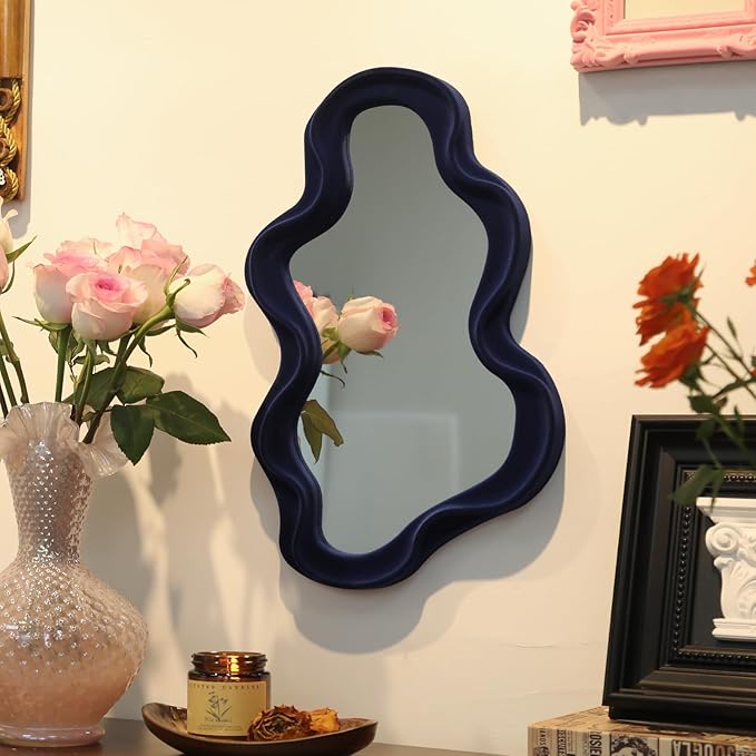 Irregular Wall Mirror Living Room Decor, Decorative Wavy Funky Mirrors with Flocking Touch, Modern Asymmetrical Mirror for Hallway Entryway Staircase Bathroom Bedroom (Dark Blue)