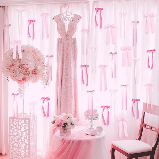 40Pcs Pink Bow Wall Decor, DIY Bow Photo Backdrop, Ribbon Bows Garland, Pink Bows Party Decor for Women Girls Birthday, Baby Shower, Bachelorette Wedding Party, Room Bedroom Decor