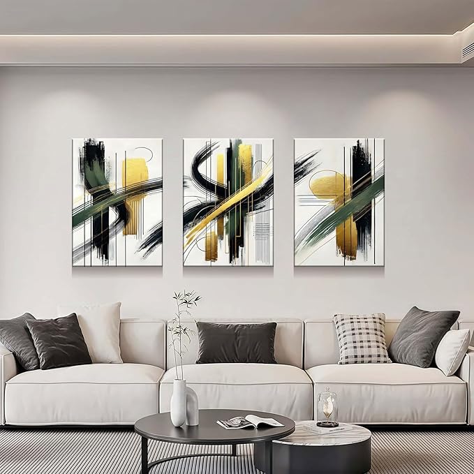 3 Pcs Framed Abstract Wall Art Modern Gallery Prints Black Green Gold Lines Canvas Painting Minimalist Poster Picture Living Room Bedroom Office Wall Decor 16x24 Inch Ready To Hang