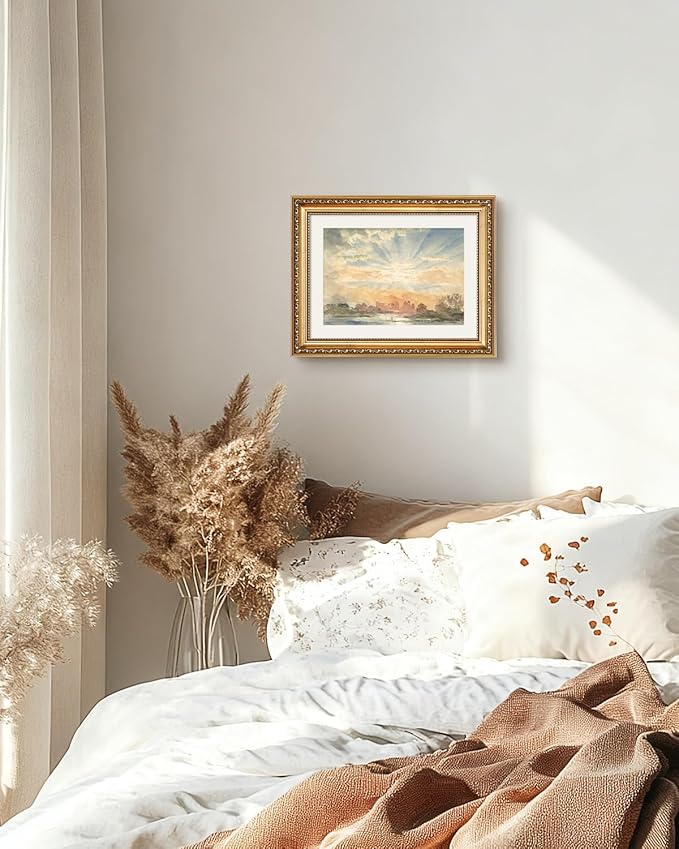 VIYYIEA Gold Framed Serene Watercolor Landscape Sunrise, Elegant Coastal Wall Art for Living Room | Modern Home Decor - No Glass Design, Lightweight Canvas Painting, Chic Accents - 11x14 Inch
