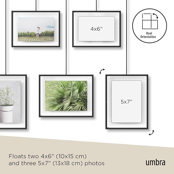 Umbra Exhibit Picture Frame Gallery Set, Adjustable Wall Collage Displays Five Photos (Two 4x6 and Three 5x7), Set of 5, Black