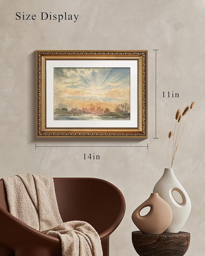 VIYYIEA Gold Framed Serene Watercolor Landscape Sunrise, Elegant Coastal Wall Art for Living Room | Modern Home Decor - No Glass Design, Lightweight Canvas Painting, Chic Accents - 11x14 Inch
