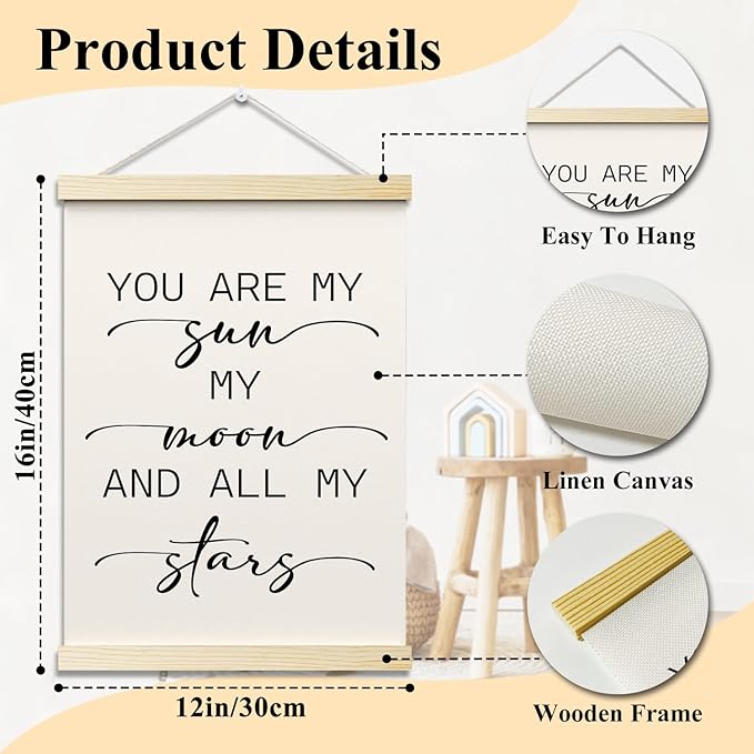 My Sun My Moon and All of My Stars Posters Hanger Frame for Kid Room Hanging Poster for Nursery Classroom Decor Wall Art Decor for Homeschool Bedroom Playroom Canvas Wall Art Print 16x12 Inch - YY062