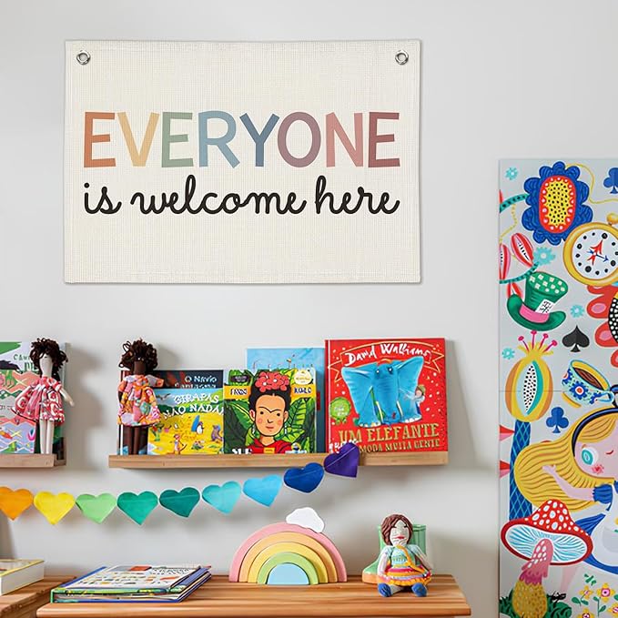 Welcome Sign for Classroom, Boho Classroom Must Haves Decorations for Teachers, Neutral Cute Everyone is Welcome Here Linen Canvas Banner
