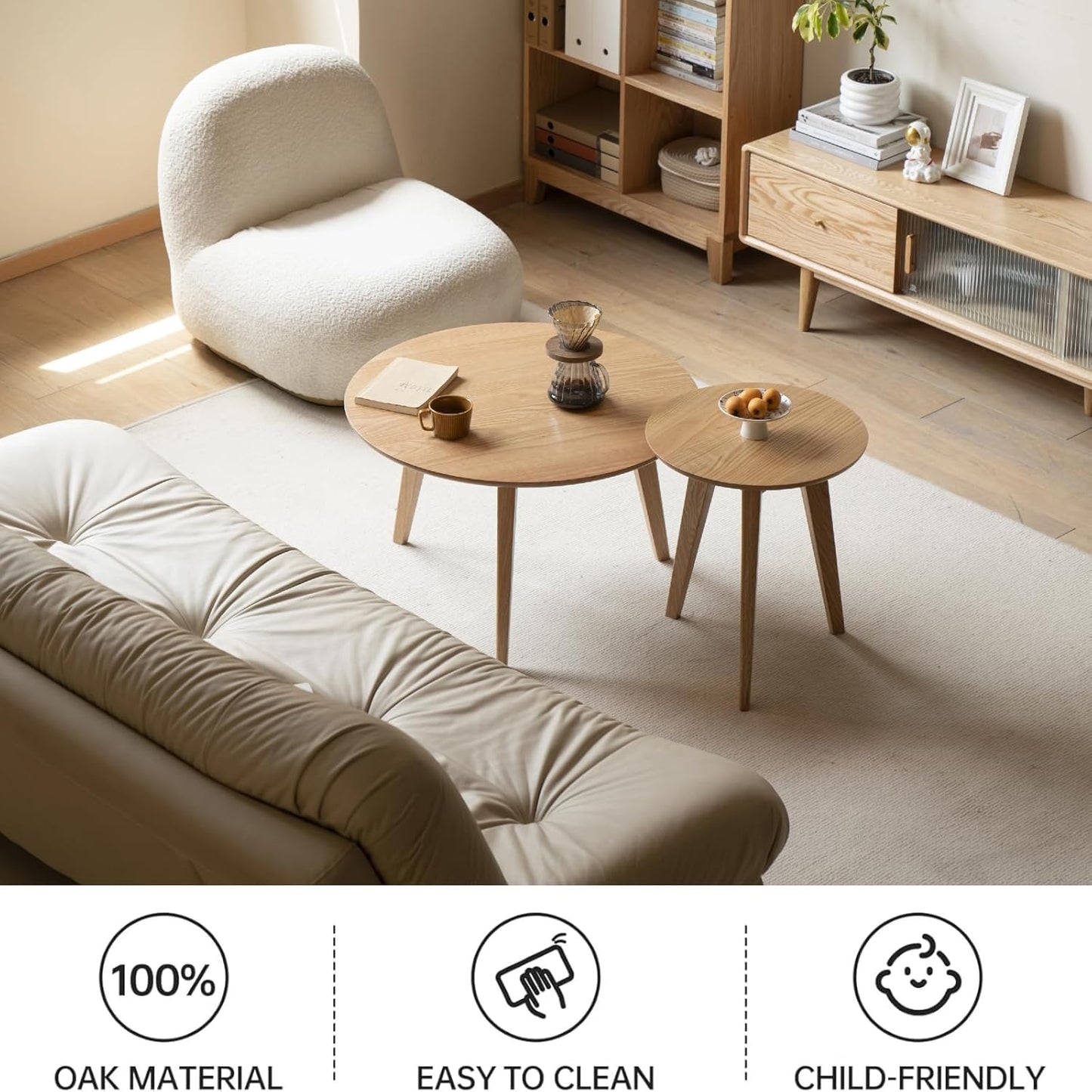 100% Solid Oak Wood Mini Coffee Table, Round Living Room Table Side Table w/Solid Wood Legs, Walnut Mid Century Sturdy Tables for Bedroom Balcony Living Room (23.62" D x 13.78" H)