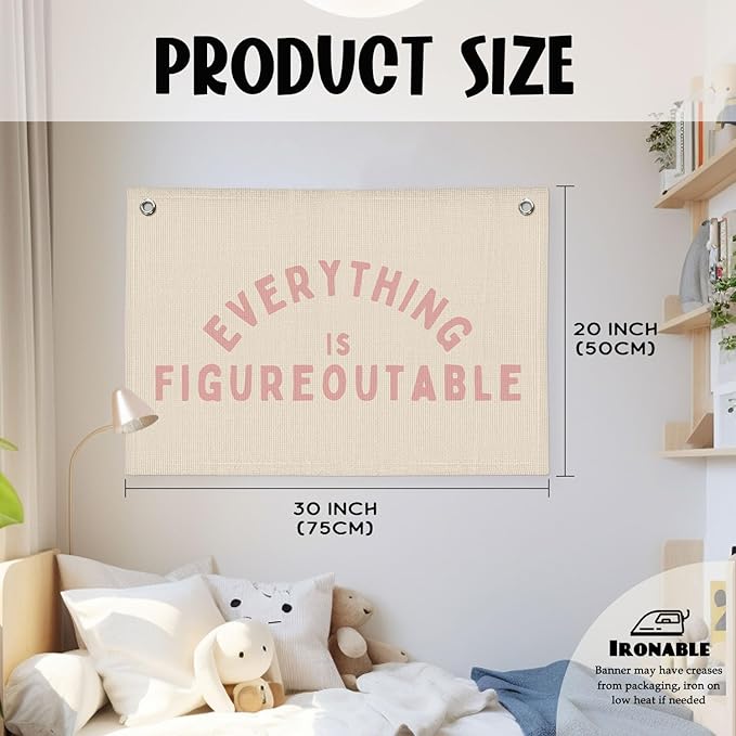 Everything is Figureoutable Inspirational Wall Decor, Motivational Classroom Wall Decor, Classroom Linen Canvas Banner Hanging Flag, 20x30 Inch - Pink