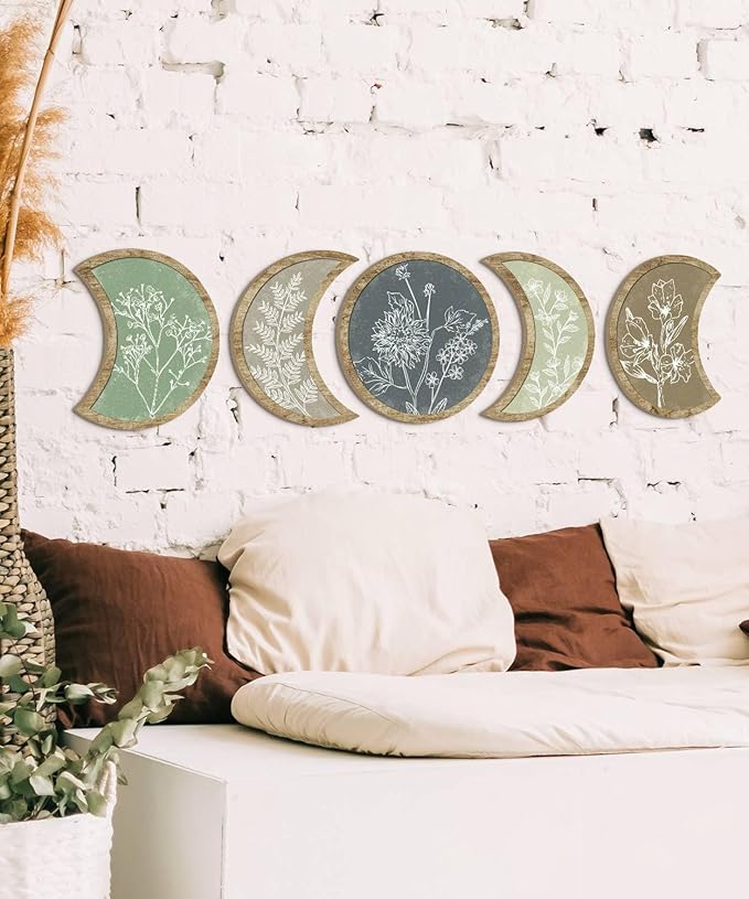 Putuo Decor Moon Phase Botanical Wall Art Set of 5, Crescent Wood Floral Panels for Bedroom Nursery Meditation Room