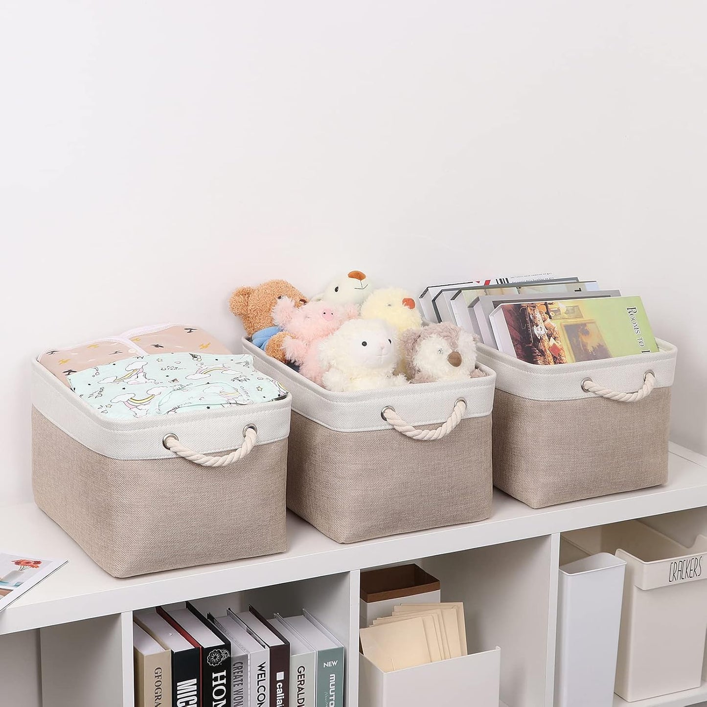Bidtakay Large Fabric Baskets with Handles [3-Pack] Collapsible Storage Basket for Shelves 15 X 11 X 9.5 inches Canvas Bins for Closet Organization (White&Beige)