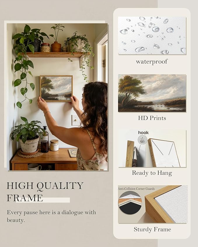 SHENIFY Vintage Landscape Framed Wall Art Riverside Scenery Farmhouse Decor Retro Boat Travel Painting for Kitchen Living Room Bedroom Bathroom - 8x10in Natural Framed