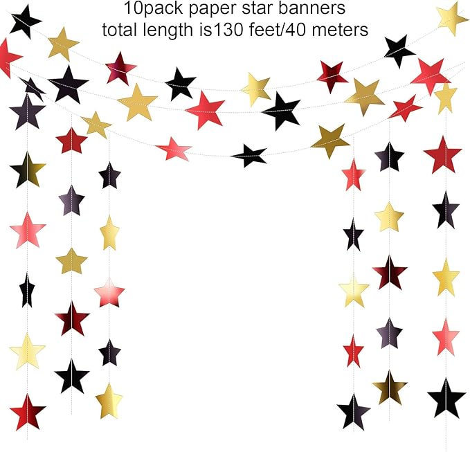 Patelai Glitter Star Garland Banner 2026 Graduation Decor 130 Feet Star Hanging Banner Twinkle Backdrop for Party Birthday Classroom Wedding Supplies(Red, Black, Gold)