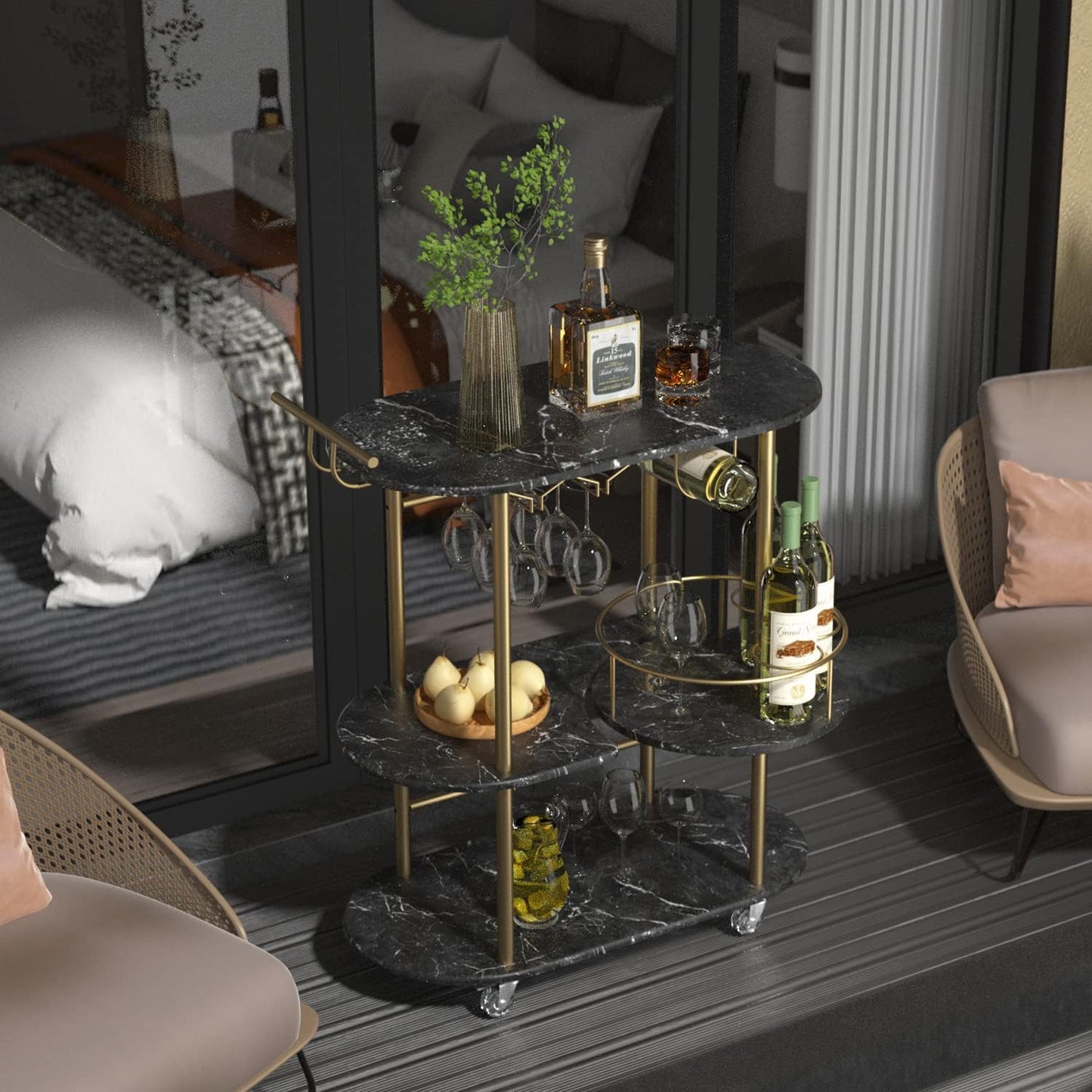 Black Bar Carts with 4-Tier Storage Shelves, Mobile Bar Serving Cart with Wine Rack and Glass Holder, for The Home, Kitchen, Living Room, Dining Room