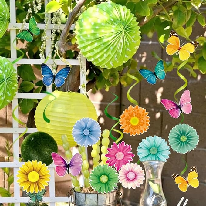 Pastel Rainbow Easter Party-Decorations Supplies - 15pcs Spring Flowers Butterflies Ceiling Hanging Swirl Banner,Home Office Streamers Garland,Outdoor Indoor Birthday Wall Backdrop Decor Burgleda