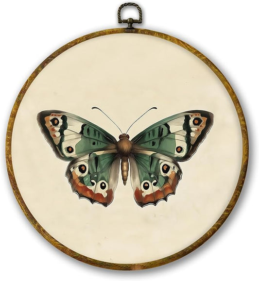 Mcehtle Vintage Butterfly Wall Art Decor, Moody Moth Cottagecore Framed Canvas Prints 10x10, Boho Sage Green Academia Insect Round Wall Hanging Artwork Decorations for Gallery Bedroom Living Room
