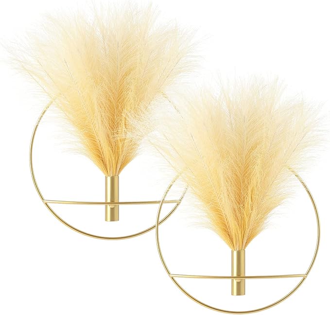 Pretty Jolly Boho Wall Decor - Hanging Artificial Pampas Display for Living Room, Bedroom, Bathroom, Dining Room - Wall-Mounted Metal Plant Art, 2 Pack Gold