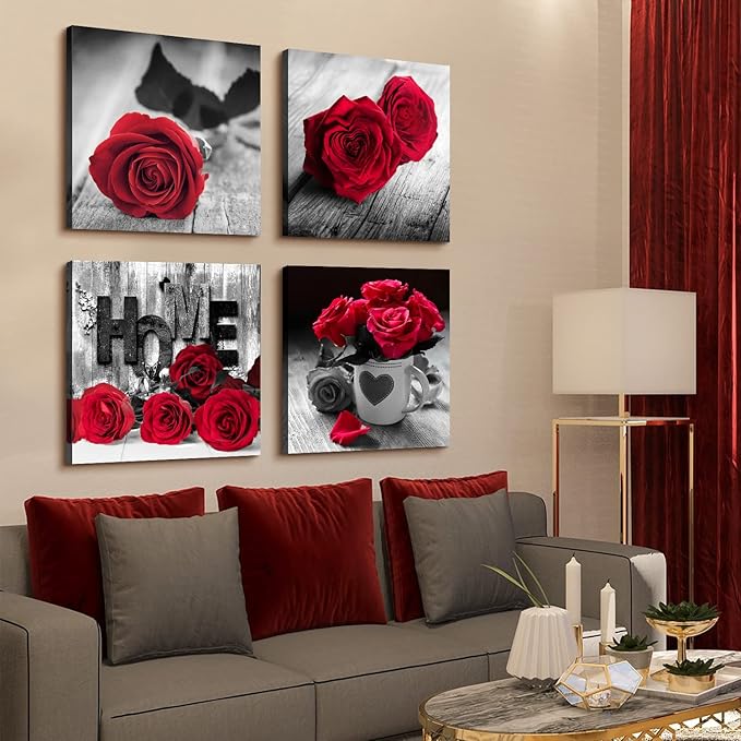 Red Rose Wall Art Red and Black Wall Decor for Living Room Master Bedroom Rustic Farmhouse Flowers Canvas Prints Floral Picture Love Themed Painting Modern Artwork Bathroom Home Decoration 24x24” 4Pcs
