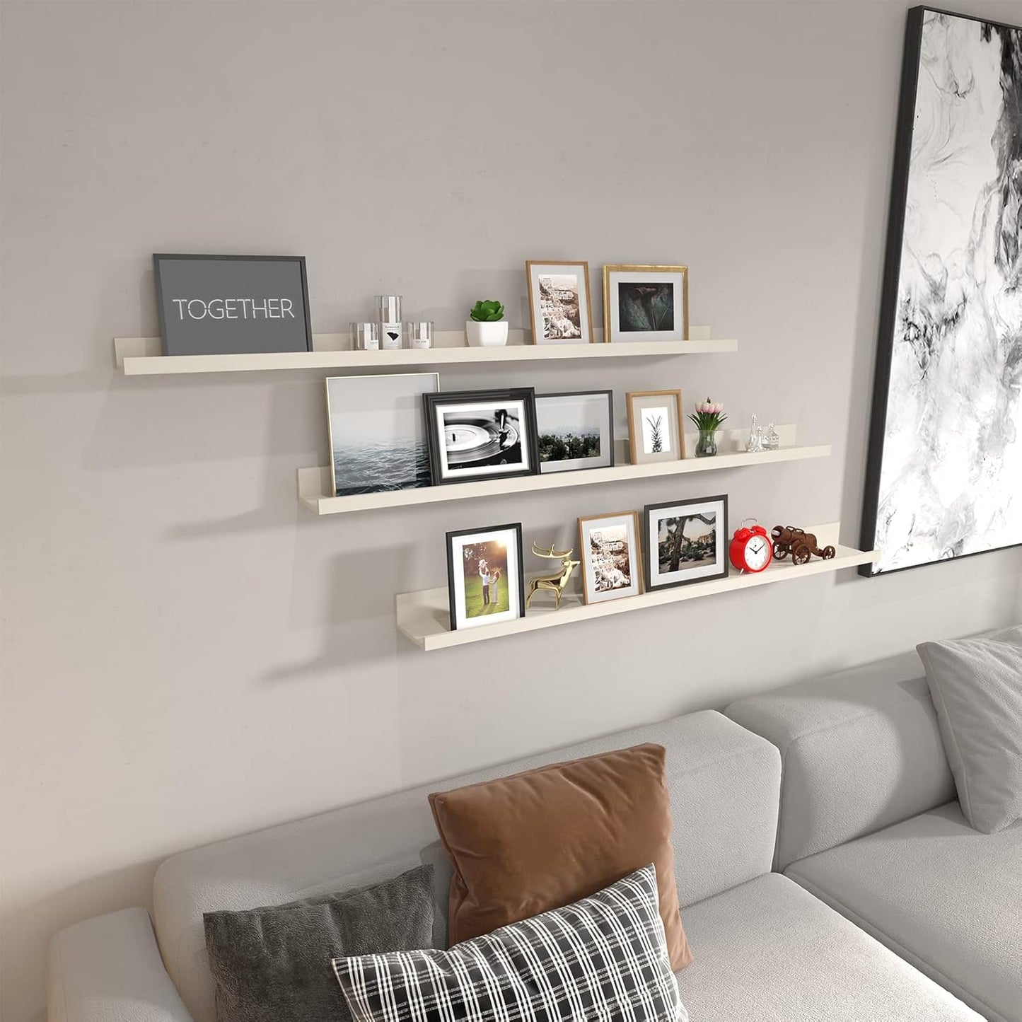 Giftgarden 47 Inch Floating Shelves for Wall Creamy White Beige Wood-Grain, Long Picture Ledge Large Wooden Photo Shelf for Living Room Bedroom Nursery Office, Set of 3 Different Sizes