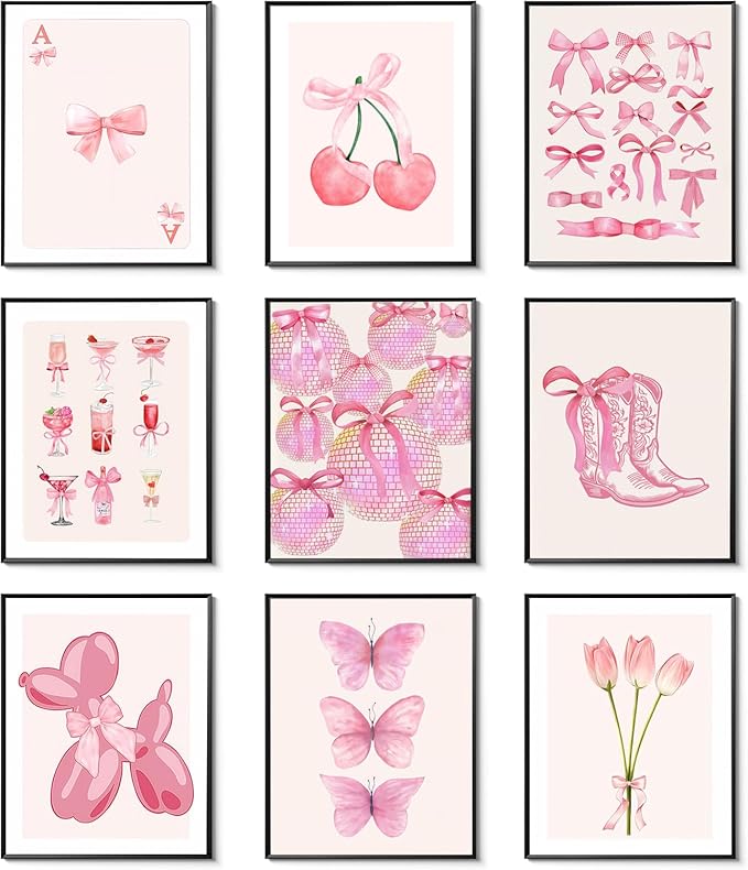 Ucninvd Pink Bow Wall Art Posters Set of 9 Trendy Coquette Preppy Wall Decor Paintings Disco Ball Girly Room Decor Aesthetic Canvas Pictures Prints for Bathroom Living Room Dorm 8x10Inch Unframed