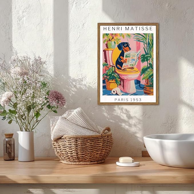 Funny Dog Bathroom Wall Art Henri Matisse Dachshund Bathroom Wall Decor Picture Whimsical Puppy Reading Newspaper in Toilet Poster Painting Canvas Print 16x24 inch Wood Framed
