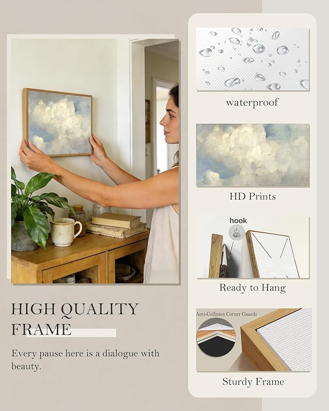 SHENIFY Vintage Landscape Framed Wall Art Sky Cloud Nature Farmhouse Decor Retro Classical Painting for Kitchen Living Room Bedroom Bathroom - 11x14in Natural Framed