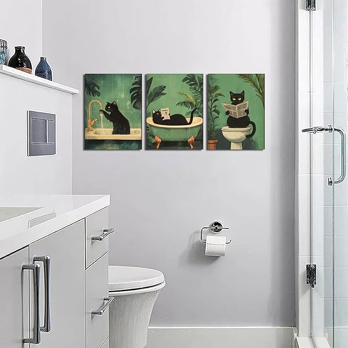 Funny Bathroom Black Cat Wall Art Set of 3, Whimsical Animal Bathroom Wall Decor Painting Maximalist Quirky Dark Pet Cat Toilet Canvas Poster Prints Aesthetics, Framed 12x16 inch