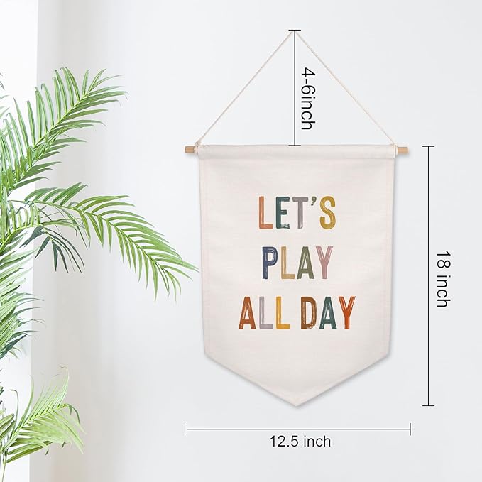 ZEARPT Let's Play All Day Flag Pennant Banner, Boho Nursery, Playroom Wall Hanging, 12.5 x 18 inches, Neutral Kids Decor