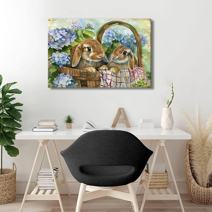 Farmhouse Canvas Wall Art Rabbit Pictures Easter Wall Decor for Bedroom Funny Bunny Painting Blue Flowers Poster Vintage Wood Grain Prints Artwork Kitchen Living Room Home Decoration 24x36"