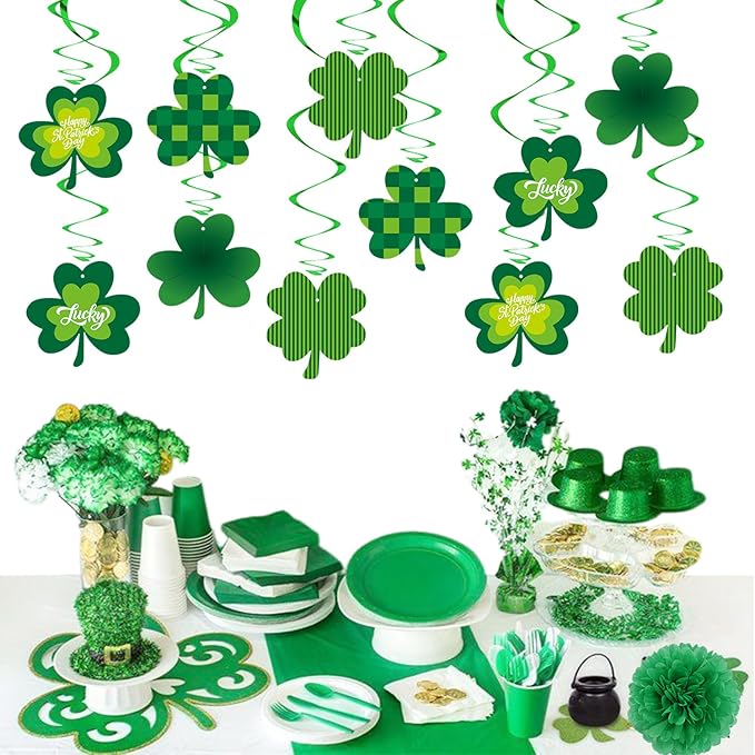 St-Patrick's Day Decorations Banner Streamers - 20Pcs Green Shamrock St. Saint Patricks Day Baby Shower Decorations Hanging Swril Garland,Irish Birthday Party Lucky Window Decor Supplies Burgleda