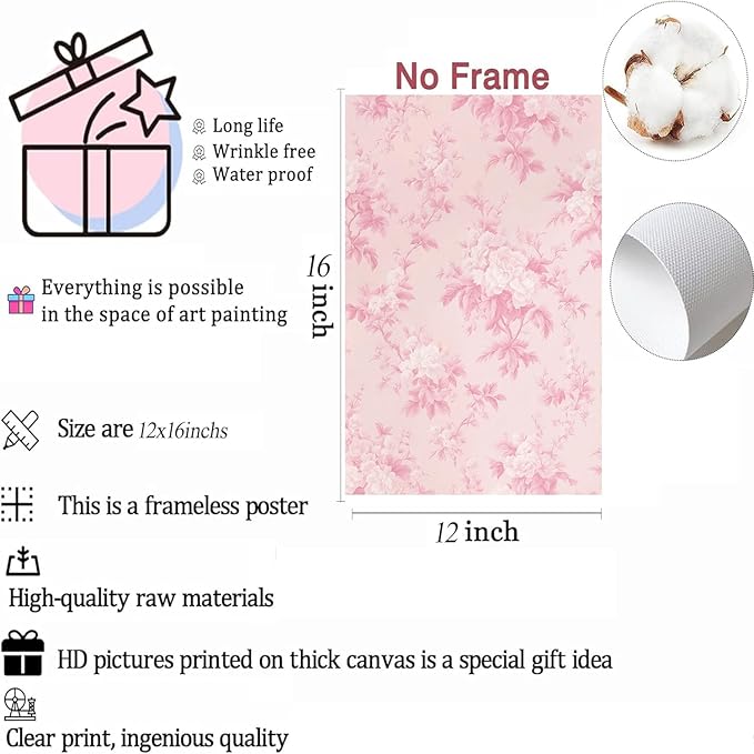 LYPHNX Pink Chinoiserie Flower Poster Wall Art light Pink Love Shack Fancy Canvas Decor Paintings Set of 3 Blush Pink Painting Pictures Home Decor for bedroom Living room Bathroom 12"x16" Unframed