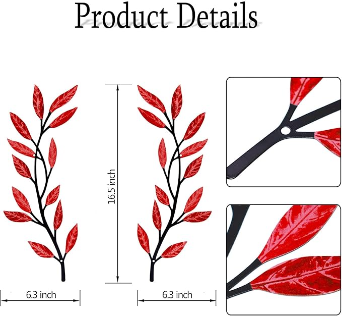 Metal Tree Leaf Wall Decor 2 PCS Rustic Vine Branch Leaf Wall Art for Living Room Bedroom Bathroom Decorations - Red