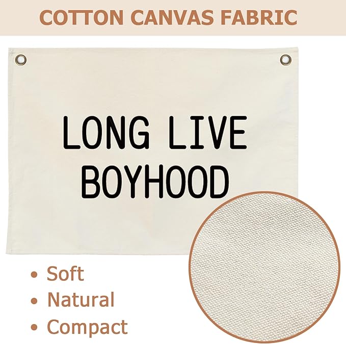 Canvas Banner Hanging Flag Banner for Nursery and Playroom Wall Décor for Kids Trendy Room Décor for Boys and Girls (Long live boyhood)