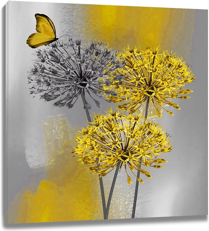LB Yellow Dandelion Canvas Wall Art Yellow Grey Dandelion with Butterfly on Modern Abstract Wall Art Aesthetic Wall Decor for Living Room Bedroom Bathroom Office Framed Ready to Hang 12L x 12W