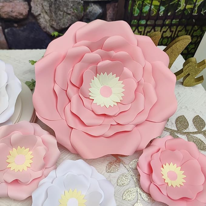 Blush Pink White 3D Paper Flower with Leaf for Nursery Wall Decorations Girl Baby Shower Nursery Decor Birthday Decorations 14 inch-6 inch Pack of 6