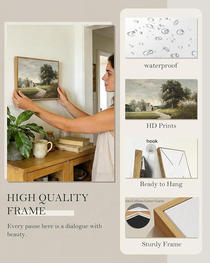 SHENIFY Vintage Landscape Framed Wall Art Rustic Cottage Countryside Farmhouse Decor Retro Painting for Kitchen Living Room Bedroom Bathroom - 11x14in Natural Framed