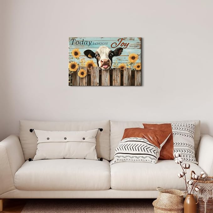 Funny Cow Wall Art Teal Wall Decor Sunflower Kitchen Pictures Christian Bible Signs Canvas Prints Poster Vintage Farmhouse Inspirational Quotes Painting Artwork for Living Room Home Decorations 16x24"