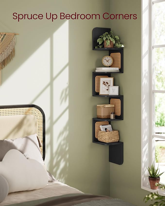 VASAGLE 5-Tier Corner Shelf, Wall Mounted Floating Shelf, Zigzag Corner Shelf Unit, PVC Rattan Sides, Space-Saving, for Kitchen, Living Room, Bedroom, Boho Style, Ash Black ULLS582BF01S