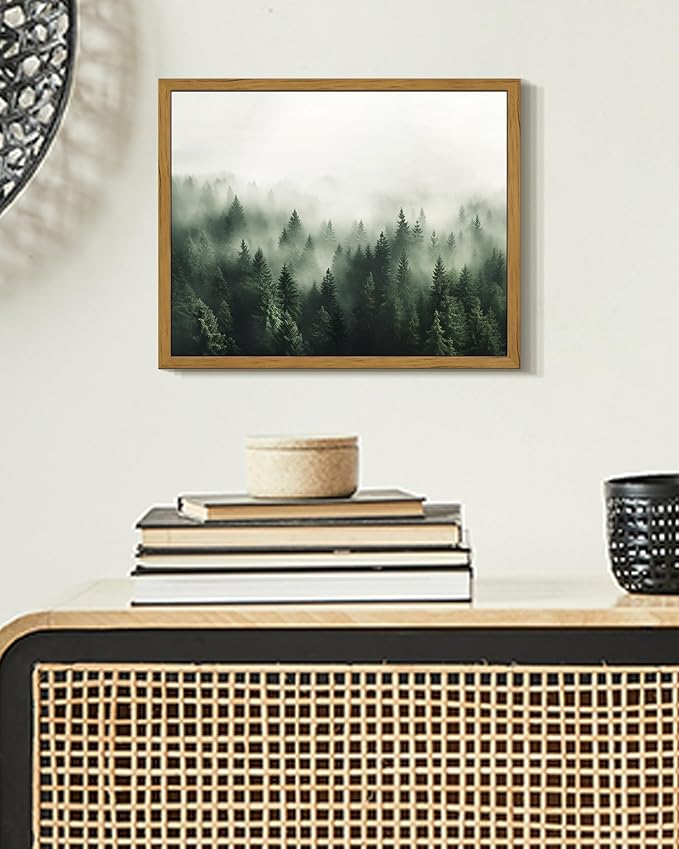 SHENIFY Green Fog Pine Tree Forest Vintage Framed Wall Art Modern Landscape Scenery Farmhouse Artwork Prints Decor for Kitchen Living Room Bedroom Bathroom - 8x10in Natural Framed