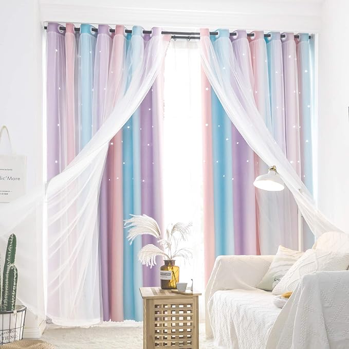 UNISTAR Blackout Stars Kids Curtains for Girls Bedroom Aesthetic Decor Colorful Kawaii Double Layer Star Cut Out Stripe Pink Rainbow Window Wall Home Decoration Curtain,1 Panel,W52 x L84 Inches