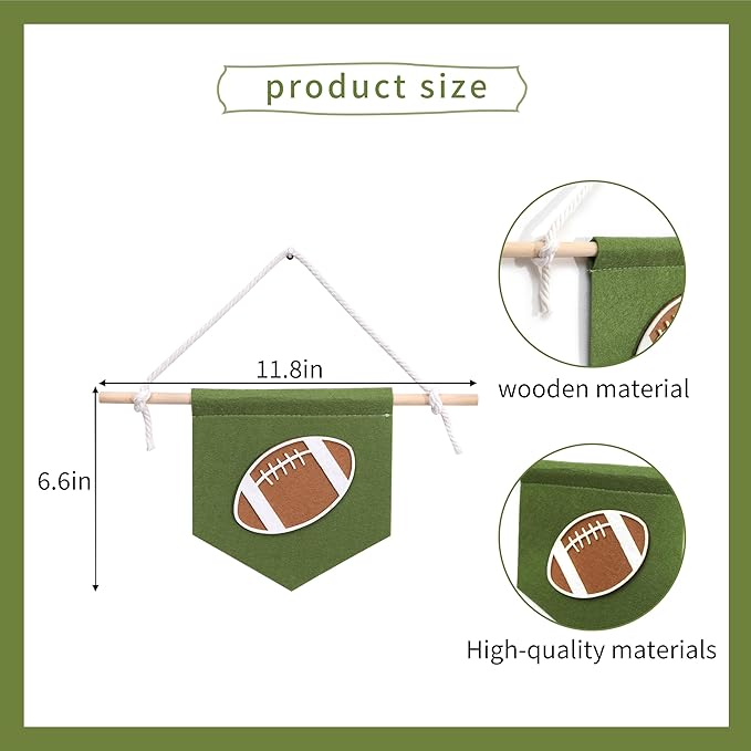 Sports Pennant Wall Hanging, Felt Basketball Football Soccer Wall Art, 11.8x6.6 Inches, Wooden Stick, Kids Room Decor (Football Wall Art) (Football Banner)