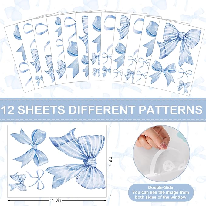 Whaline 12 Sheets Trendy Blue Bow Wall Stickers Watercolor Light Blue Bow Wall Decals Room Mural Stickers for Kids Bedroom Coquette Birthday Party Valentine's Day Home Nursery Decor, 7.9 x 11.8 Inch