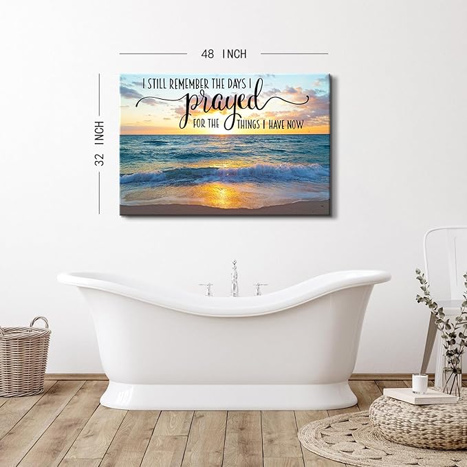 Scripture Wall Art Beach Wall Decor I still Remember The Days I Prayed Canvas Prints Pictures Sunset Ocean Painting Inspirational Religious Artwork for Bedroom Living Room Home Decorations 32x48"