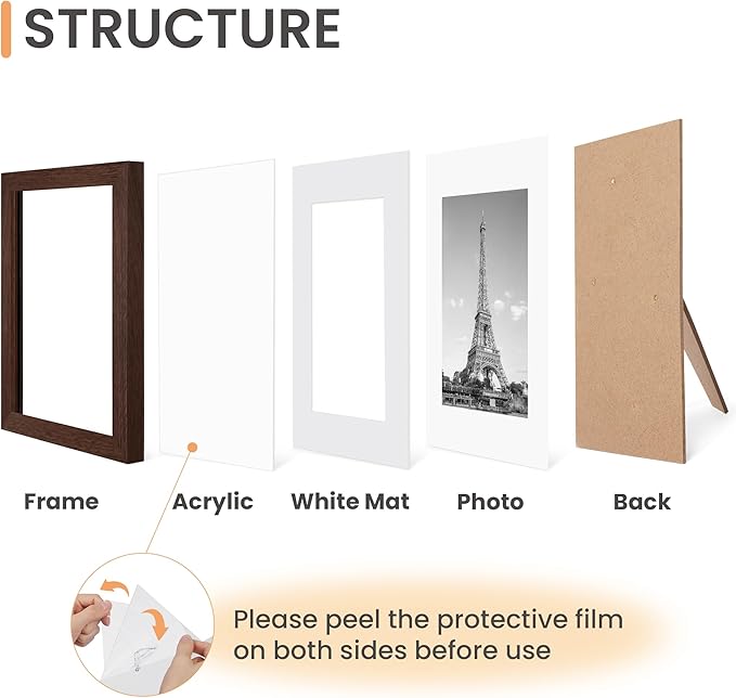 upsimples 5x7 Picture Frame Set of 10, Display Pictures 4x6 with Mat or 5x7 Without, Multi Photo Frames Collage for Wall or Tabletop Display, Brown