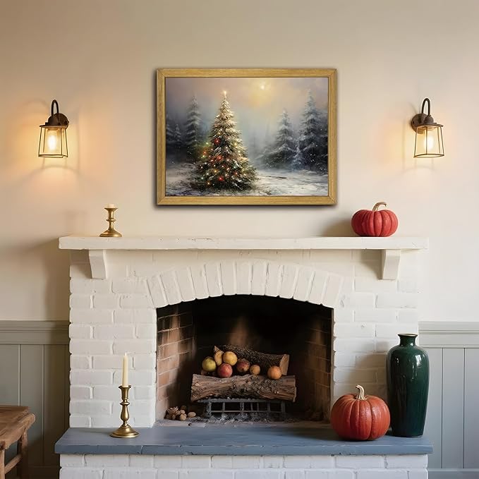 Vintage Christmas Wall Art, Vintage Pine Tree Canvas Wall Decor Painting, Rustic Winter Tree Print, Botanical Winter Art, for Table Farmhouse Mantel Home Office 16x24 Inch Wood Framed