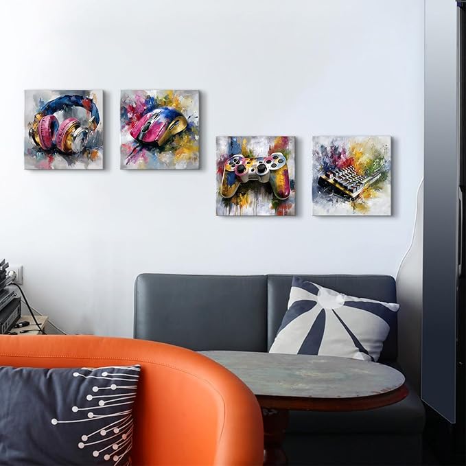 Graffiti Gaming Wall Art Colorful Gamer Wall Decor Abstract Video Game Controller Headphones Pictures Canvas Print Street Pop Painting Cool Artwork Teen Boys Bedroom Playroom Home Decoration 12x12” 4P