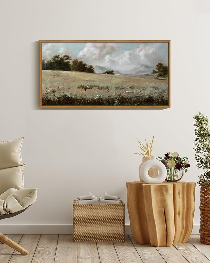 SHENIFY 20x40in Extra Large Vintage Framed Wall Art Rustic Grassland Meadow Landscape Painting Retro Wilderness Scenery Farmhouse Bedroom Above of Bed Living Room Decor - Natural Framed