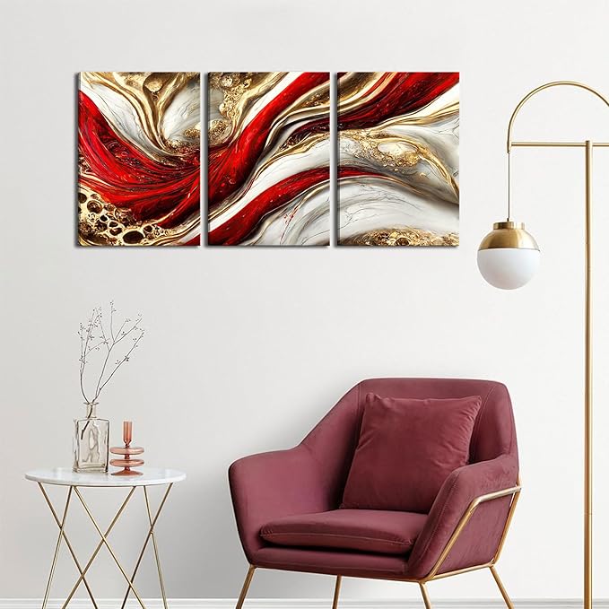 3Pcs Framed Red Gold Canvas Wall Art Abstract Marble Gilt Wall Decor Pictures Modern Red and Gold Paintings Prints Posters for Living Room Bedroom Office Home Decoration, Ready to Hang