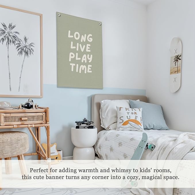 Playroom Decor,Long Live Playtime Wall Hanging Linen Banner,Sage Green Striped Wall Flag for Kids Room Nursery Playroom Decor,18x25 Inch