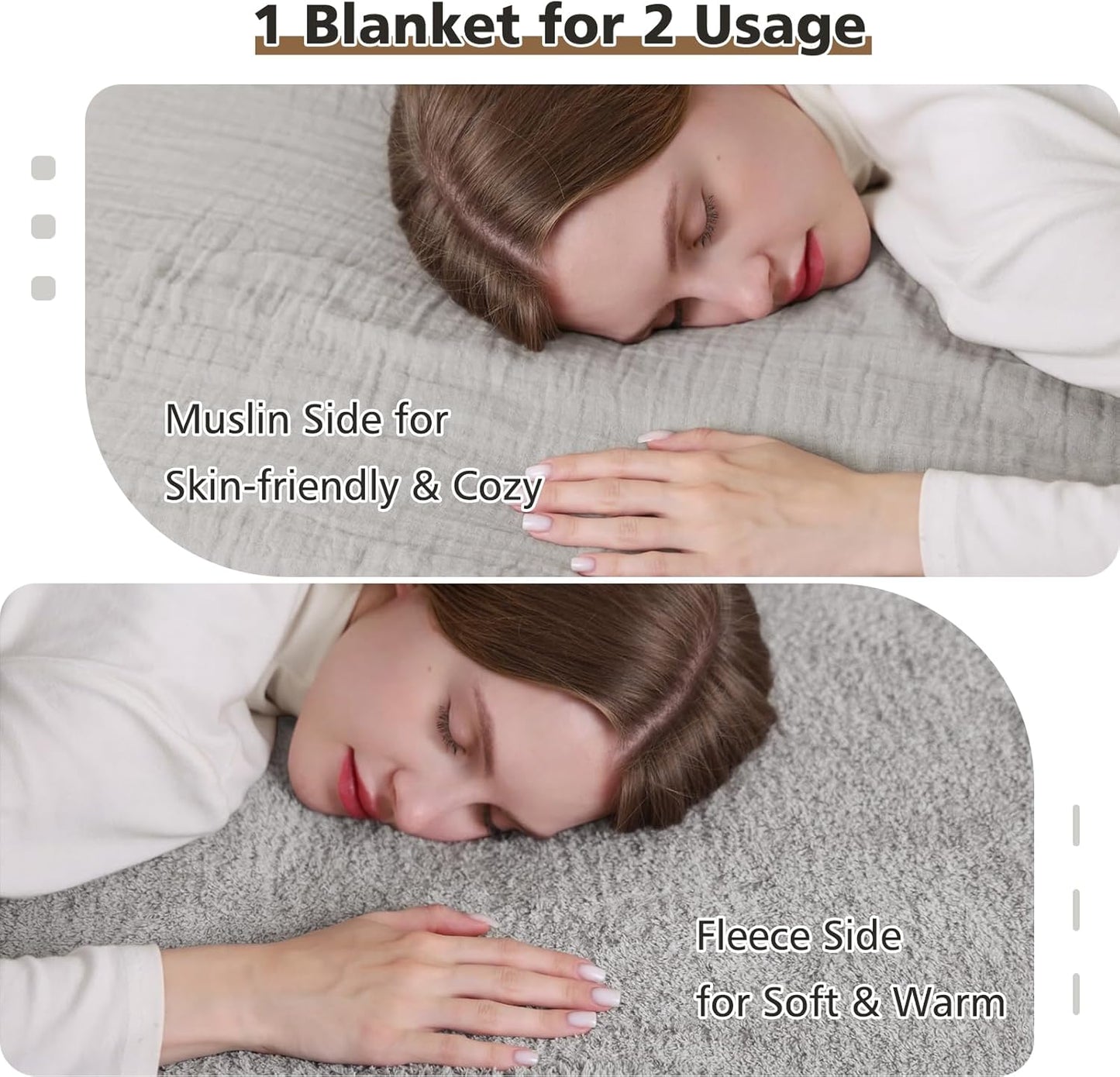 EMME Muslin and Fleece Twin Blanket Reversible - 60"*80" Grey Soft Warm Throw Blankets for Couch Bed Picnic Travel Bed