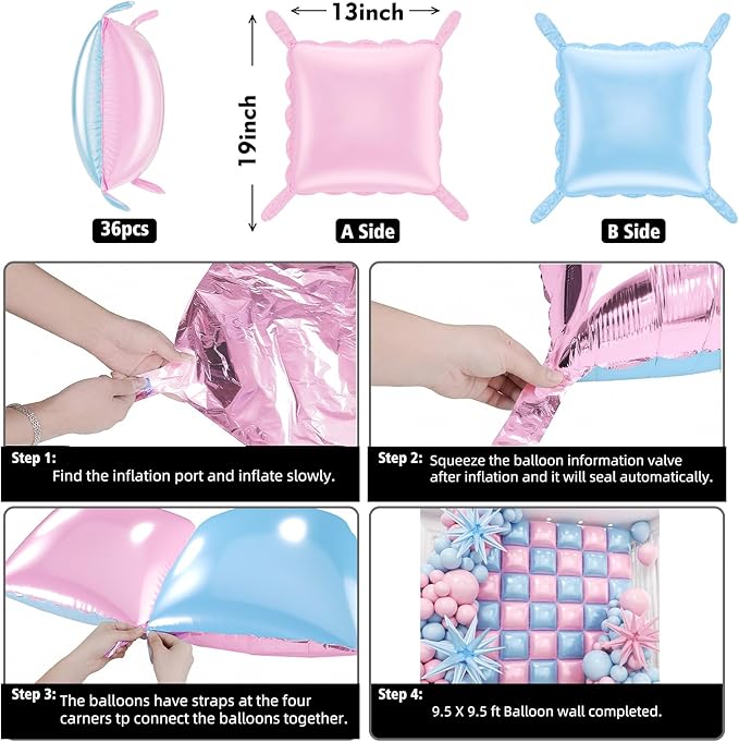 36pcs Pink and Blue Square Foil Balloons Wall Backdrop with 147pcs Balloon Garland Arch Kit, Double Sided Balloons for Princess Birthday Boy or Girl Gender Reveal Baby Shower Party Decorations